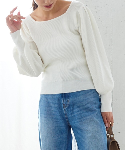 KOBE LETTUCE(コウベレタス)の「ボリュームスリーブスクエアネックもっちりリブニット(ニット/セーター・レディース・ラベンダー/グリーン/オフホワイト/イエロー/グレイッシュベージュ/ブラック/チャコール・FREE)」の9枚目の写真