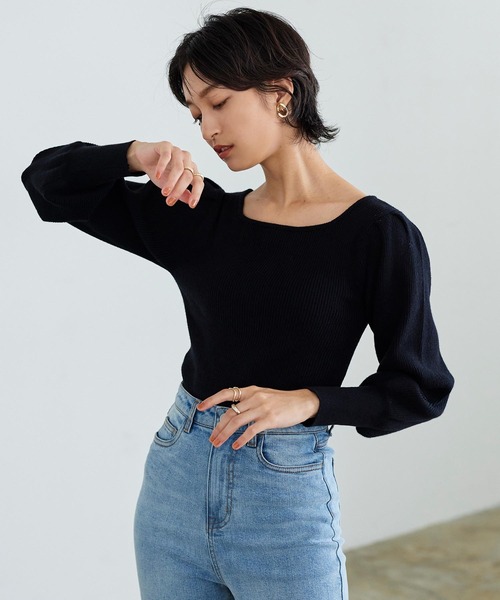 KOBE LETTUCE(コウベレタス)の「ボリュームスリーブスクエアネックもっちりリブニット(ニット/セーター・レディース・ラベンダー/グリーン/オフホワイト/イエロー/グレイッシュベージュ/ブラック/チャコール・FREE)」の22枚目の写真