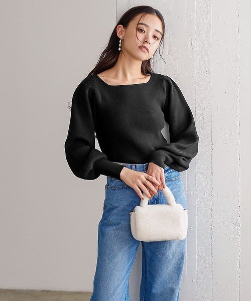 KOBE LETTUCE(コウベレタス)の「ボリュームスリーブスクエアネックもっちりリブニット(ニット/セーター・レディース・ラベンダー/グリーン/オフホワイト/イエロー/グレイッシュベージュ/ブラック/チャコール・FREE)」の20枚目の写真