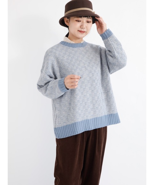 Samansa Mos2（サマンサ モスモス）の「格子柄編み前後2WAYニット（ニット/セーター・レディース・ピンク/ブルー/オフホワイト/ブラック/グリーン/モカ・ﾌﾘ-）」の6枚目の写真