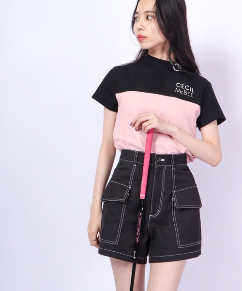 CECIL McBEE（セシルマクビー）の「CECIL McBEE green バイカラー＆スリーブラインモックネックSS　GOLF（Tシャツ/カットソー・レディース・ブラック/ベージュ/ホワイト/ピンク・2/1）」の2枚目の写真