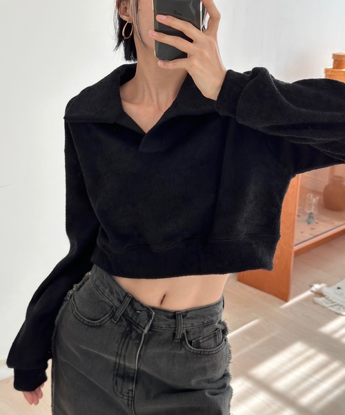me+em select(ミームセレクト)の「【 裏起毛 】ポロネックスキッパーショートプルオーバー【 韓国製 】(ポロシャツ・レディース・ブラック/ベージュ/オレンジ・FREE)」の3枚目の写真