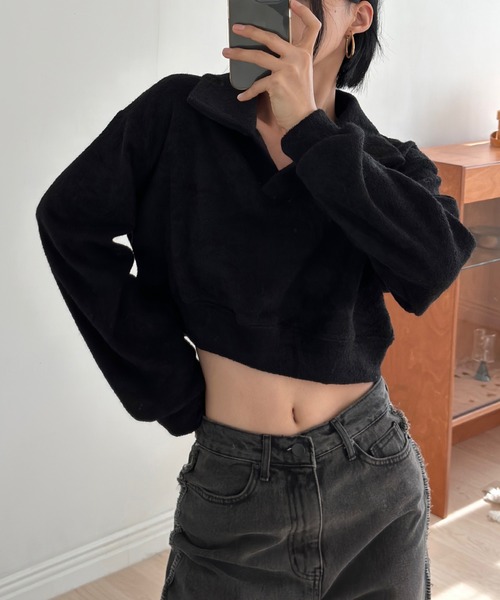 me+em select(ミームセレクト)の「【 裏起毛 】ポロネックスキッパーショートプルオーバー【 韓国製 】(ポロシャツ・レディース・ブラック/ベージュ/オレンジ・FREE)」の18枚目の写真