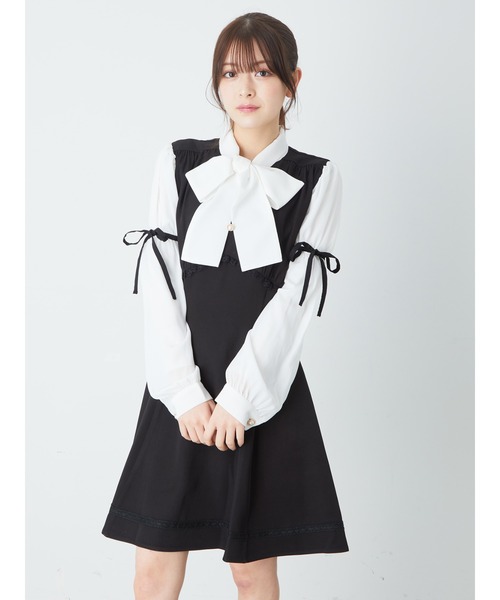 Ank Rouge(アンクルージュ)の「パフスリーブリボンOP(ワンピース・レディース・A/ブラック/ピンク・M)」の2枚目の写真