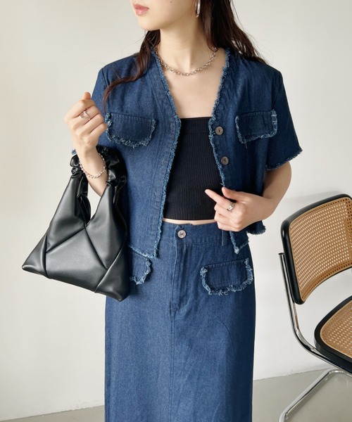CLEA(クレア)の「【2点SET】フリンジデニムショート丈ジャケット+ロングスカート セットアップ(セットアップ・レディース・ブルー/ライトブルー・M/L)」の16枚目の写真