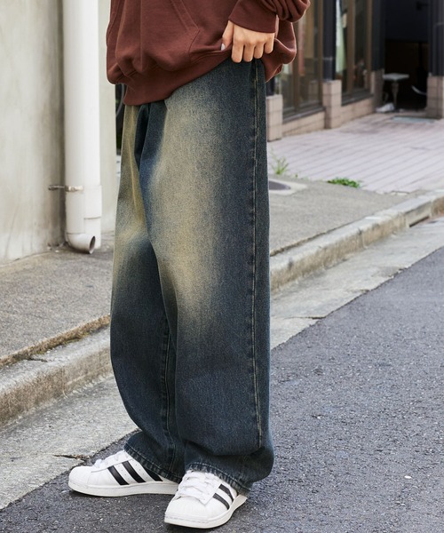 セール】ヴィンテージライクオーバーダイワイドデニムパンツ