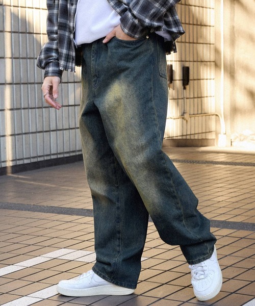 セール】ヴィンテージライクオーバーダイワイドデニムパンツ