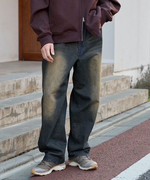 セール】ヴィンテージライクオーバーダイワイドデニムパンツ（デニム