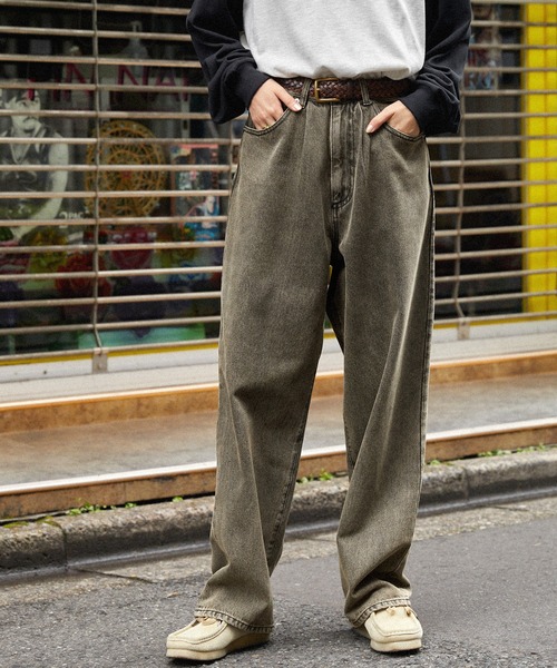 セール】ヴィンテージライクオーバーダイワイドデニムパンツ