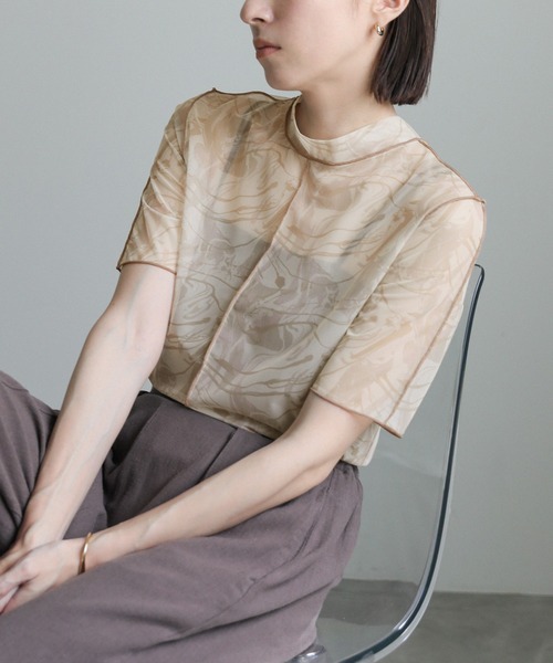 select MOCA（セレクトモカ）の「2WAYニュアンスプリントハイネックシアートップス（Tシャツ/カットソー・レディース・ブルー/イエロー/ベージュ/ライトグリーン・FREE）」の13枚目の写真