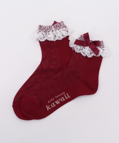 axes femme kawaii(アクシーズファムカワイイ)の「透かしレースアップ柄ソックス(ソックス/靴下・レディース・ワイン/ブラック/ホワイト/ベージュ・FREE)」の4枚目の写真