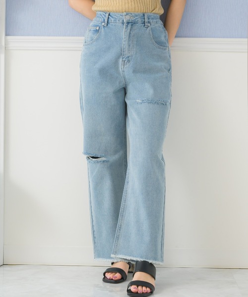 ems excite（エムズエキサイト）の「ダメージデニムPT（デニムパンツ・レディース・ブラック/ライトブルー/ピンク・FREE）」の3枚目の写真