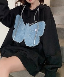 選べる2素材展開 ミニ裏毛・裏起毛  新色追加/ バタフライ刺繍ルーズパーカー