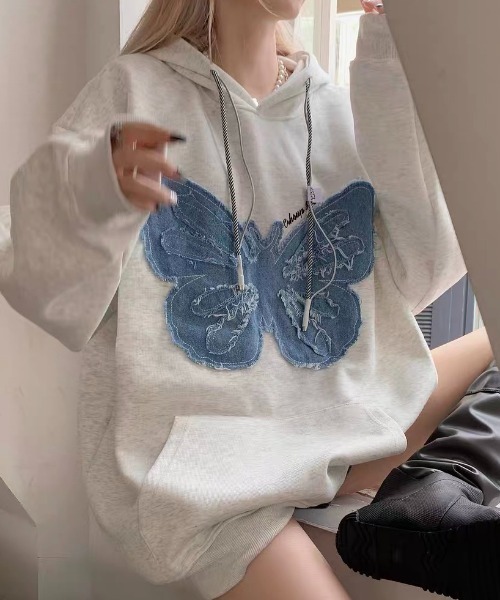 DIAVEL（ディアベル）の「選べる２素材展開 ミニ裏毛・裏起毛  新色追加/ バタフライ刺繍ルーズパーカー（パーカー・レディース・グレー/ブラック/グレー系/ブラック系1・M）」の10枚目の写真