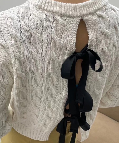 セール】バックリボンケーブルニットトップス（ニット/セーター  