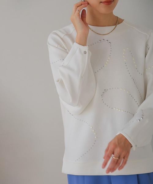 Bou Jeloud（ブージュルード）の「ラインパールビジュープルオーバー（Tシャツ/カットソー・レディース・オフホワイト/ブラック・FREE）」の4枚目の写真