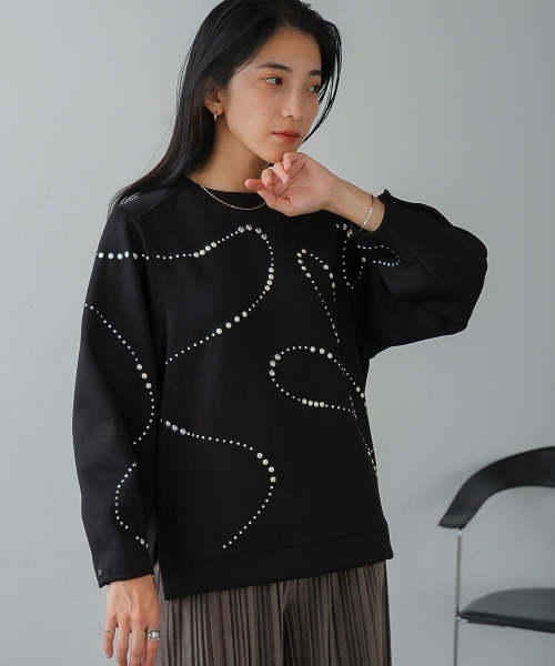 Bou Jeloud（ブージュルード）の「ラインパールビジュープルオーバー（Tシャツ/カットソー・レディース・オフホワイト/ブラック・FREE）」の3枚目の写真
