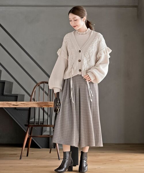 サイドレースアップケーブルフリルニットカーディガン（カーディガン
