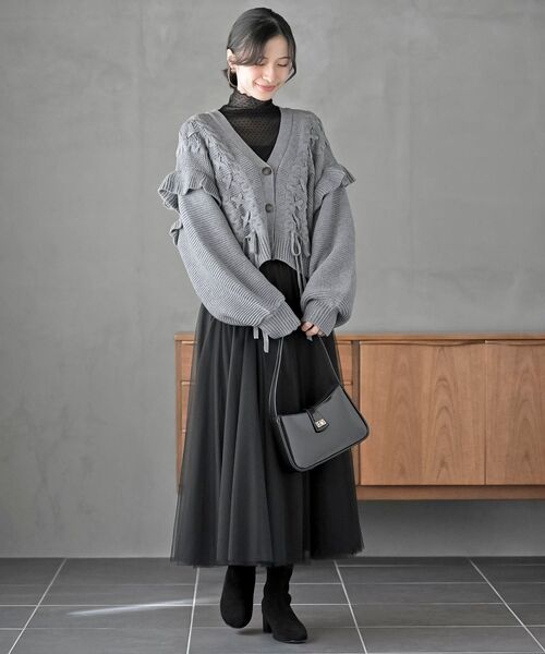 サイドレースアップケーブルフリルニットカーディガン（カーディガン