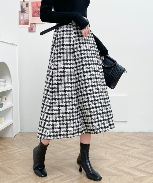 Diosfront(ディオスフロント)の「ツイードベルト付きミモレ丈チェック柄スカート(スカート・レディース・ブラック系その他/ブラウン系その他/ブルー系その他・FREE)」の8枚目の写真