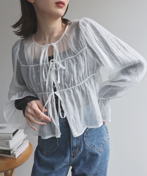 LAC-VERT(ラック・ヴェール)の「【2WAY】オーガンジーシアーシャーリングリボンブラウス(シャツ/ブラウス・レディース・グレイッシュベージュ/ブラック/ピンク/ブルー/オフホワイト・FREE)」の2枚目の写真