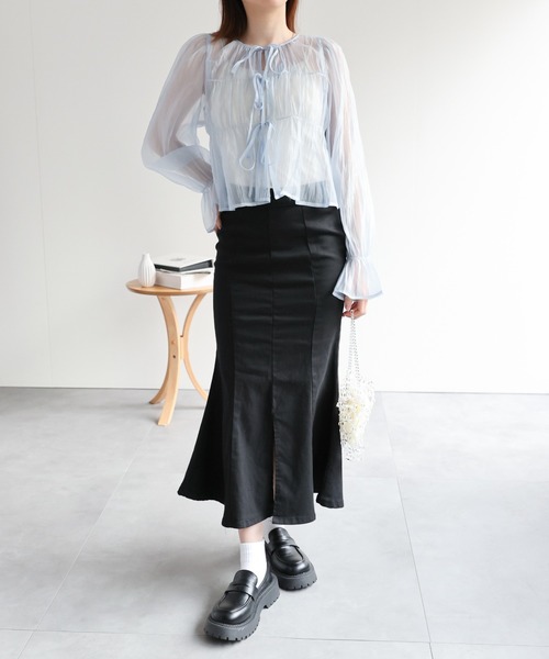 LAC-VERT(ラック・ヴェール)の「【2WAY】オーガンジーシアーシャーリングリボンブラウス(シャツ/ブラウス・レディース・グレイッシュベージュ/ブラック/ピンク/ブルー/オフホワイト・FREE)」の17枚目の写真