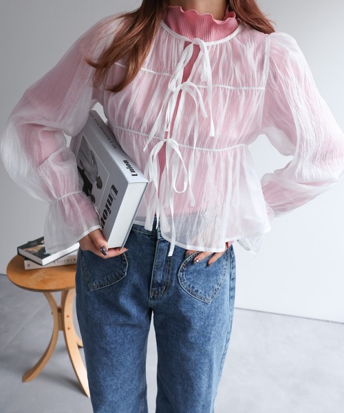 LAC-VERT(ラック・ヴェール)の「【2WAY】オーガンジーシアーシャーリングリボンブラウス(シャツ/ブラウス・レディース・グレイッシュベージュ/ブラック/ピンク/ブルー/オフホワイト・FREE)」の12枚目の写真