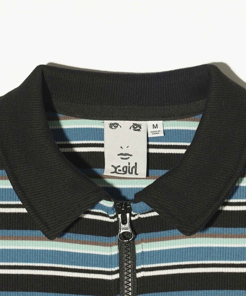 X-girl（エックスガール）の「STRIPED ZIP UP S/S TOP（シャツ/ブラウス・レディース・ブラック/ブルー/ブラウン・M/S）」の10枚目の写真