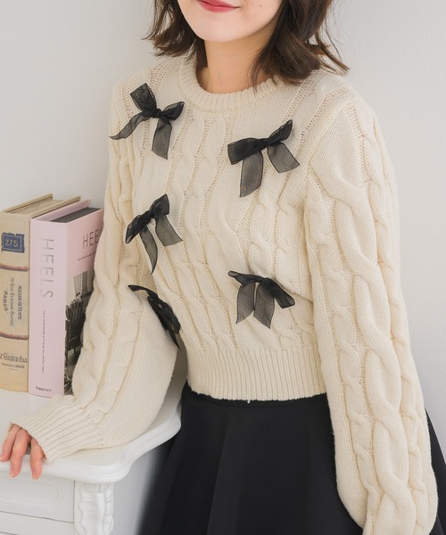 ems excite（エムズエキサイト）の「オーガンジーリボンNTPO（ニット/セーター・レディース・ピンク/ブルー/ナチュラル・FREE）」の2枚目の写真