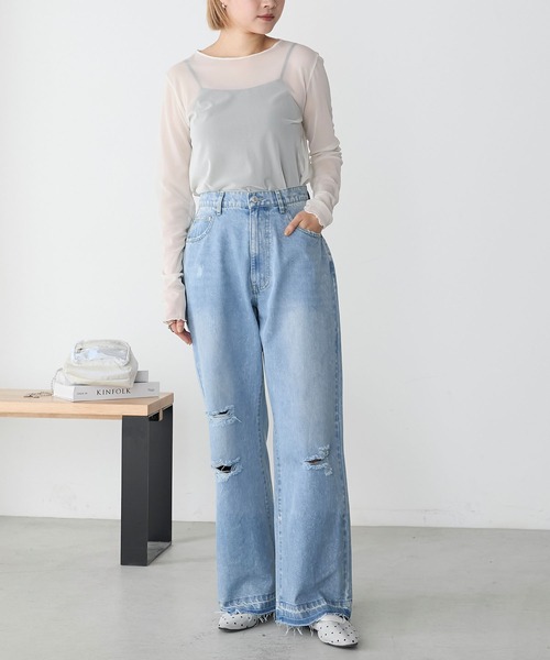 forksy.(フォルクシー)の「【forksy.】ダメージワイドデニムパンツ/箔プリント(デニムパンツ・レディース・ブルー/ダークグレー/サックスブルー系1・L/M/S)」の19枚目の写真
