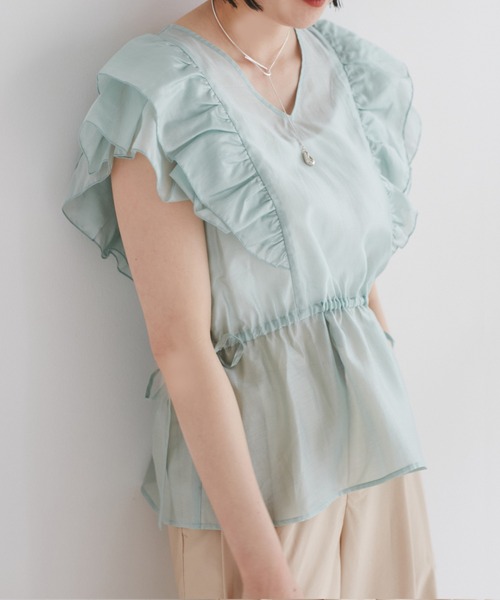 VIS（ビス）の「【WEB限定】【前後2WAY】袖フリルVネックブラウス【洗える】（シャツ/ブラウス・レディース・ネイビー/オフホワイト/ライトグリーン・FREE）」の4枚目の写真