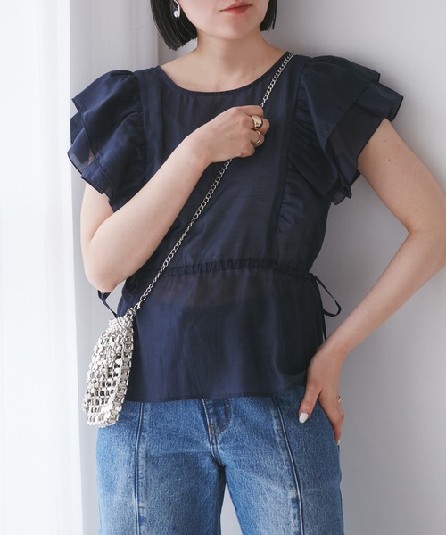 VIS（ビス）の「【WEB限定】【前後2WAY】袖フリルVネックブラウス【洗える】（シャツ/ブラウス・レディース・ネイビー/オフホワイト/ライトグリーン・FREE）」の10枚目の写真