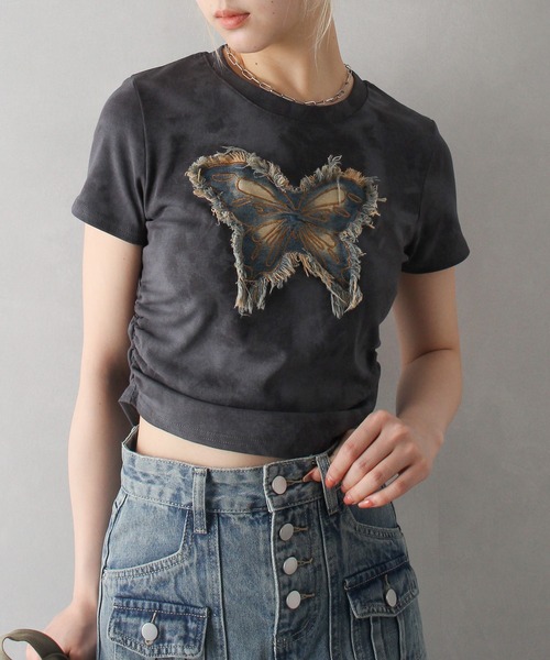 SpRay（スプレイ）の「バタフライ半袖ちびTシャツ（Tシャツ/カットソー・レディース・ブラウン/チャコールグレー/アイボリー・FREE）」の7枚目の写真