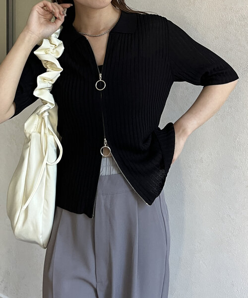 Thevon（ゼボン）の「ダブルジップ襟付き半袖ニット（カーディガン/ボレロ・レディース・ブルー/アイボリー/ブラック/ベージュ・FREE）」の17枚目の写真