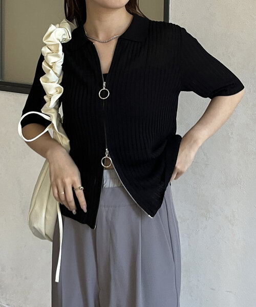 Thevon（ゼボン）の「ダブルジップ襟付き半袖ニット（カーディガン/ボレロ・レディース・ブルー/アイボリー/ブラック/ベージュ・FREE）」の21枚目の写真