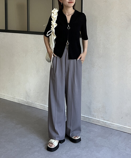 Thevon（ゼボン）の「ダブルジップ襟付き半袖ニット（カーディガン/ボレロ・レディース・ブルー/アイボリー/ブラック/ベージュ・FREE）」の22枚目の写真