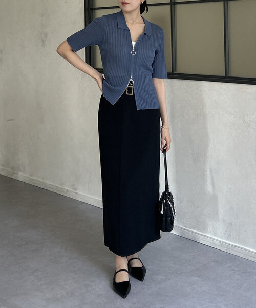 Thevon（ゼボン）の「ダブルジップ襟付き半袖ニット（カーディガン/ボレロ・レディース・ブルー/アイボリー/ブラック/ベージュ・FREE）」の8枚目の写真