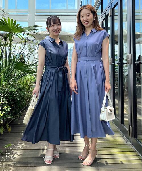 nodress ワンピース　デニムワンピース　プローチ付き 全方位ウケ！爽やかワンピ】シャンブレーデニムタックワンピース