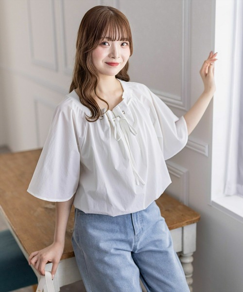 ホルメ 美品 スタンドカラー フロントリボン ボリュームブラウス ギャザー Aletta vita ブラウス 後ボタン 2way スタンドネック ボリューム