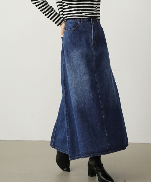 Doux Belle(ドゥーベル)の「Aラインデニムロングスカート(スカート・レディース・ブルー/ワンウォッシュ/ネイビー・SMALL/MEDIUM/LARGE/X-LARGE)」の2枚目の写真