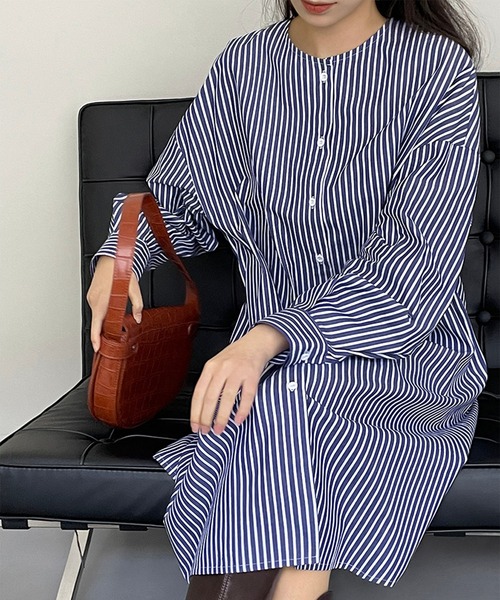 aimoha（アイモハ）の「ノーカラーストライプシャツワンピース（シャツ