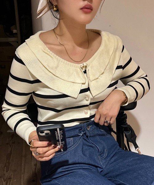 efill(エフィル)の「フリル襟の ボーダー ニット カーディガン(ニット/セーター・レディース・ホワイト・FREE)」の6枚目の写真