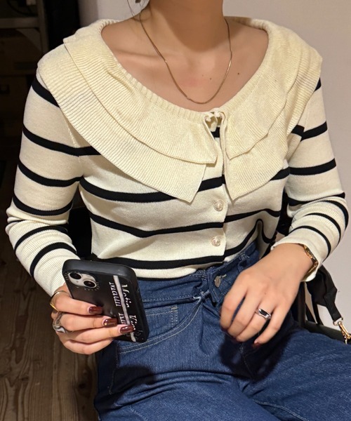 efill(エフィル)の「フリル襟の ボーダー ニット カーディガン(ニット/セーター・レディース・ホワイト・FREE)」の8枚目の写真