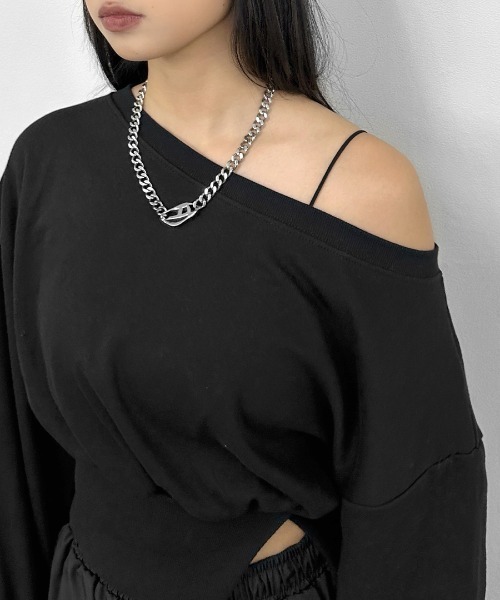 LVEU.（ラブユ.）の「【LVEU.】ウエストスリットスウェットトップス / トップス カットソー スウェット ワンショル オフショル スリット クロップド ショート リブ 長袖 クルーネック ブラック ホワイト グレー（スウェット・レディース・グレー/ブラック/ホワイト・FREE）」の5枚目の写真