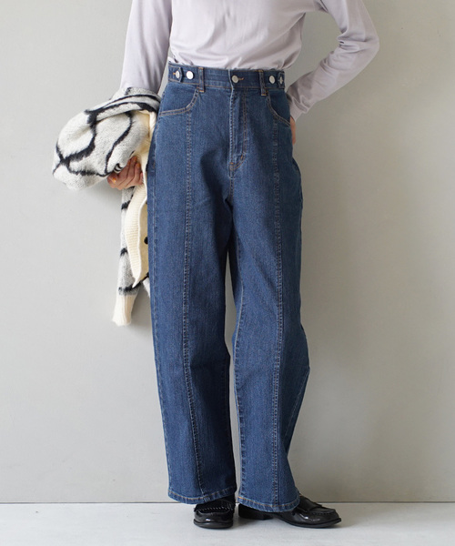 e-zakkamania stores(イーザッカマニアストアーズ)の「サイドボタン センターシーム リサイクルデニムパンツ(デニムパンツ・レディース・ブルー/ライトブルー/ブラック系・M/L)」の3枚目の写真