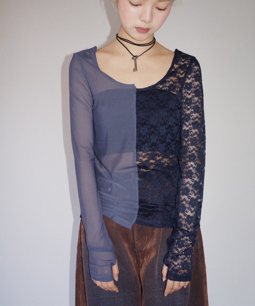 musubore（ムスボレ）の「2way half lace tops / ハーフレーストップス（Tシャツ/カットソー・レディース・ブラック/グリーン/ネイビー・FREE）」の3枚目の写真