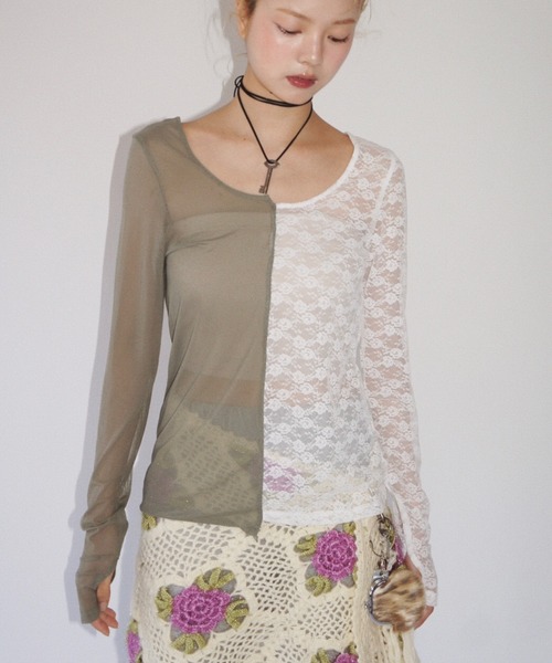 2way half lace tops / ハーフレーストップス（Tシャツ/カットソー