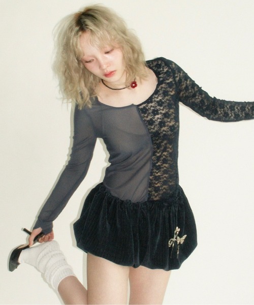 musubore(ムスボレ)の「2way half lace tops / ハーフレーストップス(Tシャツ/カットソー・レディース・ブラック/グリーン/ネイビー・FREE)」の5枚目の写真