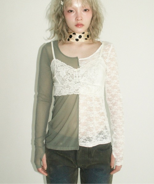 musubore(ムスボレ)の「2way half lace tops / ハーフレーストップス(Tシャツ/カットソー・レディース・ブラック/グリーン/ネイビー・FREE)」の7枚目の写真