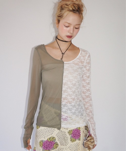 musubore(ムスボレ)の「2way half lace tops / ハーフレーストップス(Tシャツ/カットソー・レディース・ブラック/グリーン/ネイビー・FREE)」の21枚目の写真